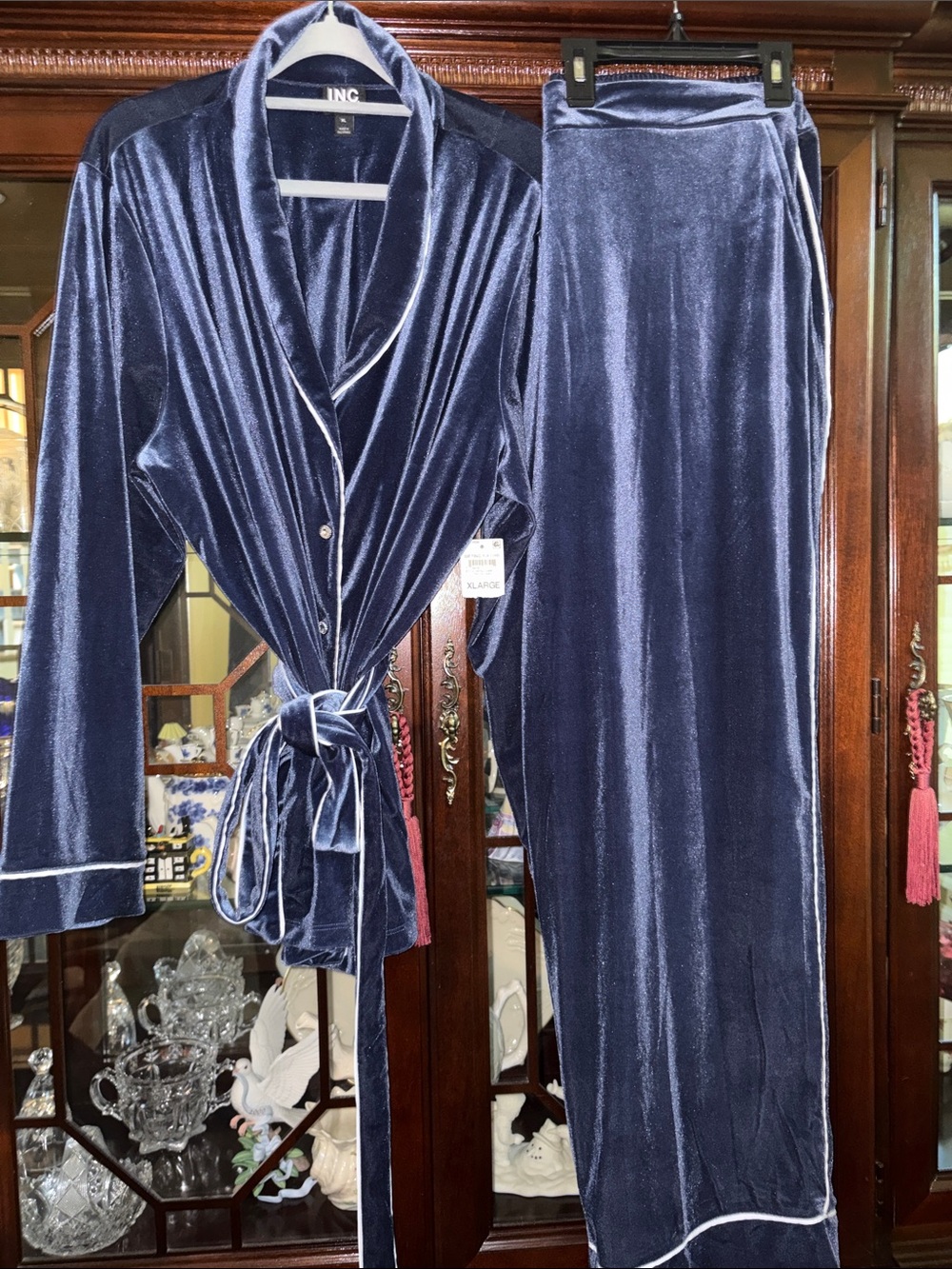INC International Concepts Navy Velvet Two-Piece Pajama Set with Contrast Piping